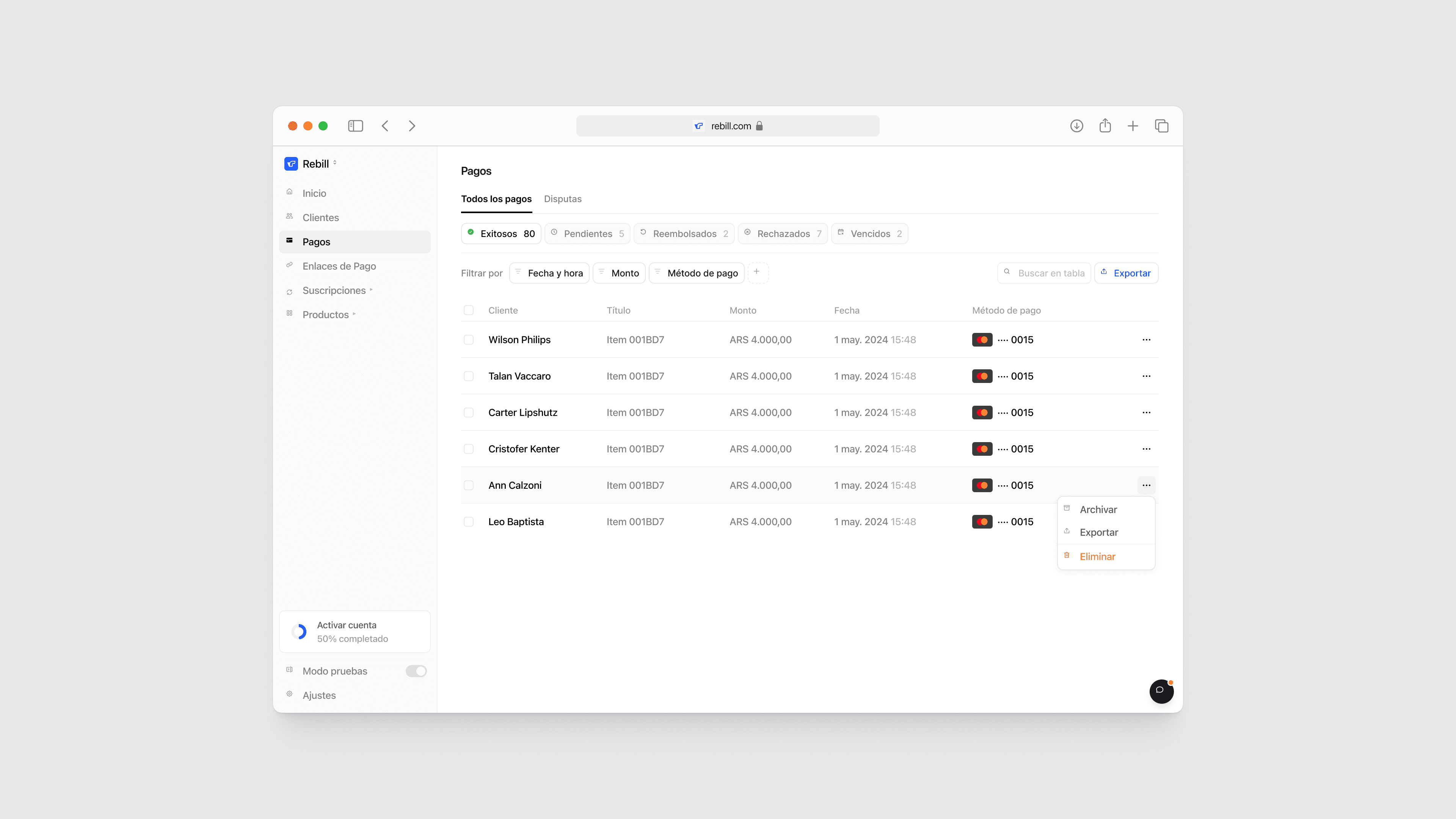 Rebill payments dashboard in light mode with multiple transactions selected and a bulk action toolbar for archiving, exporting, or deleting—part of the streamlined, Stripe-grade LATAM payments UI Kundo Studio designed for efficient operator workflows.