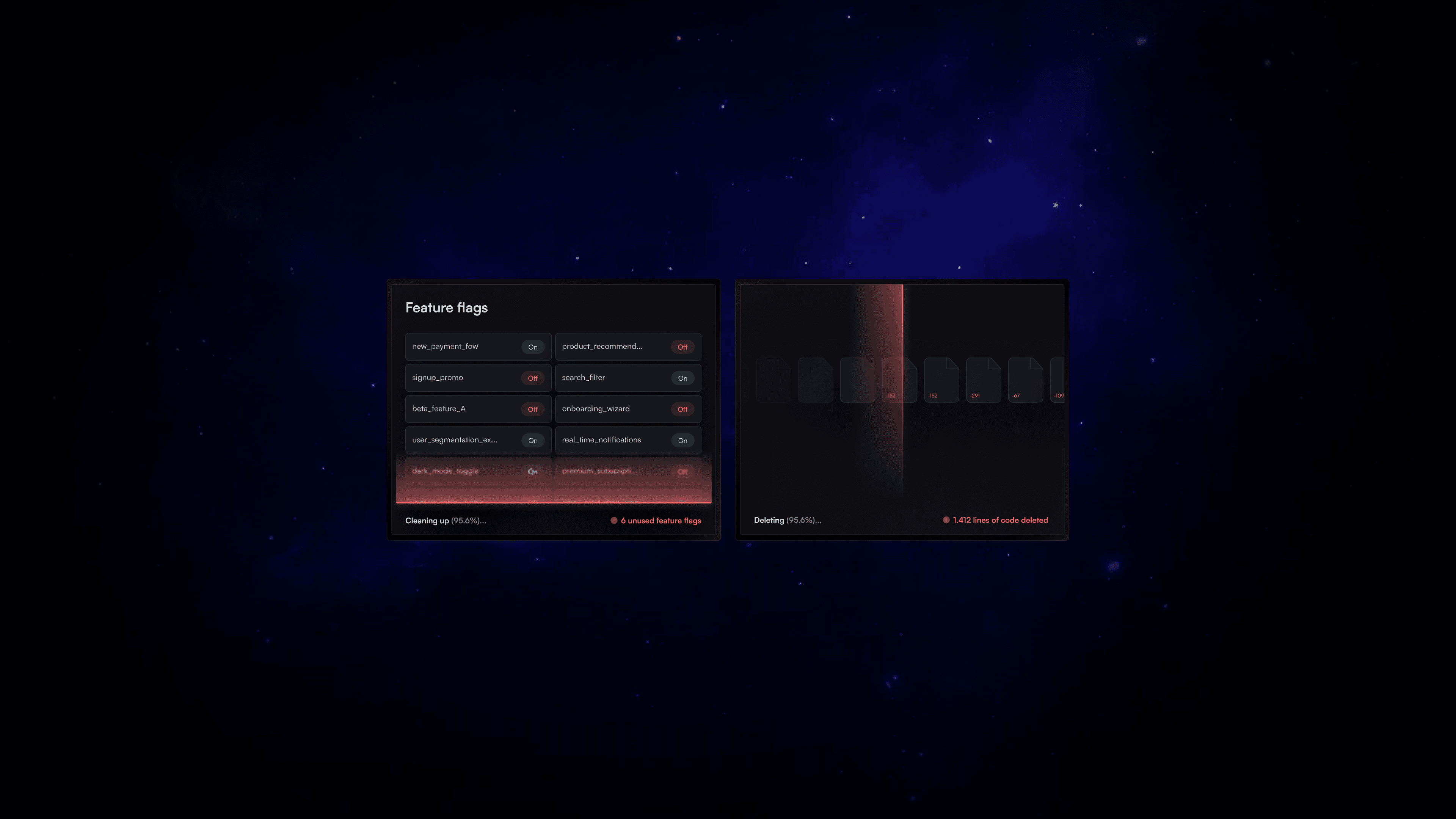 Emerge Tools Reaper interface in dark mode showing a list of feature flags being cleaned up and a deletion panel indicating thousands of lines of unused code removed.