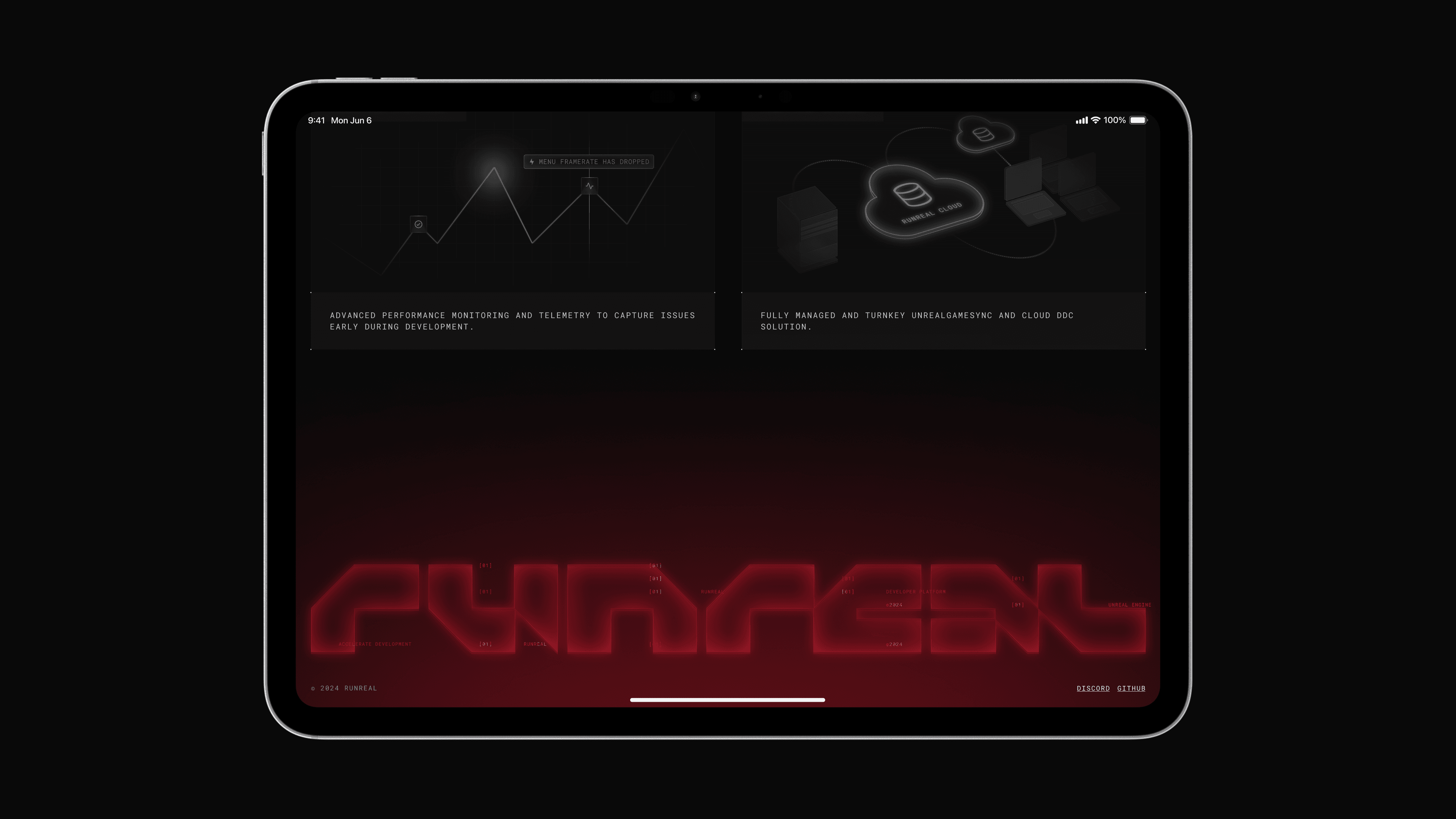 iPad mockup of the Runreal website with dark product UI cards and a glowing red Runreal wordmark footer, designed by Kundo Studio to showcase the responsive, tech-forward brand identity and web experience for Runreal.