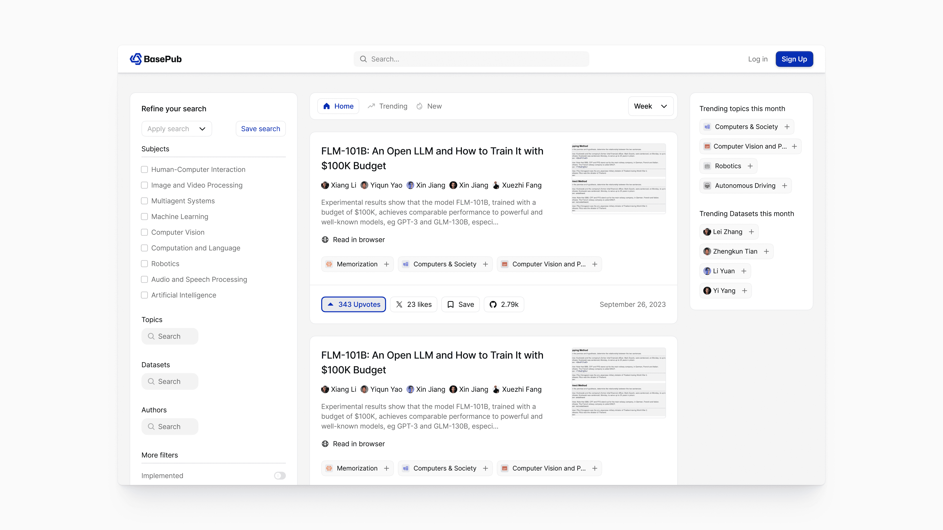 BasePub web app feed view showing FLM-101B research papers with upvotes and tags in the main column, advanced AI subject filters on the left, and trending topics and datasets for the week on the right.