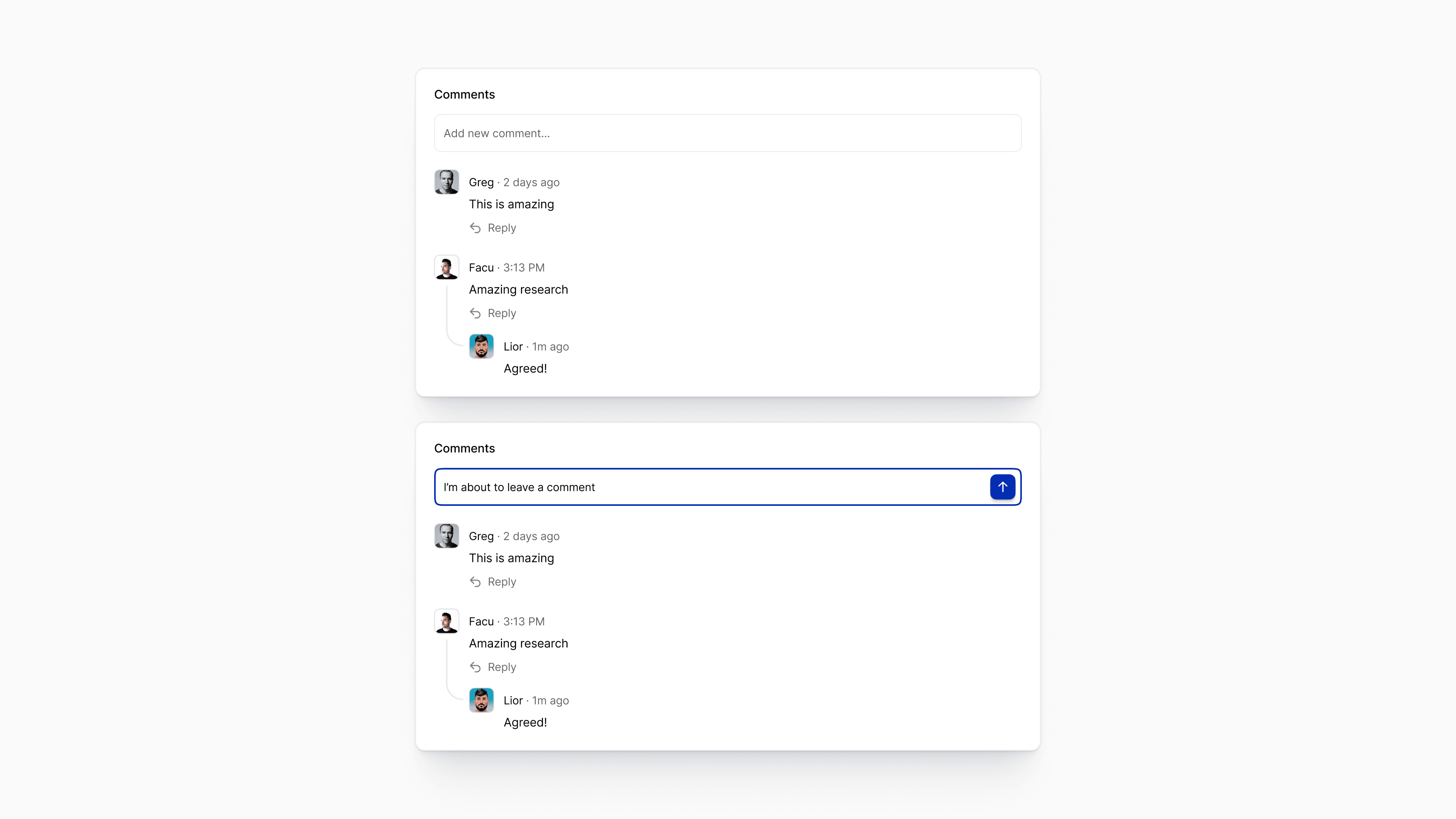 BasePub comments UI showing a clean, threaded discussion with avatars and timestamps, plus an inline “add new comment” field and blue-highlighted input state, illustrating how researchers can collaborate and react to AI papers directly inside the platform.