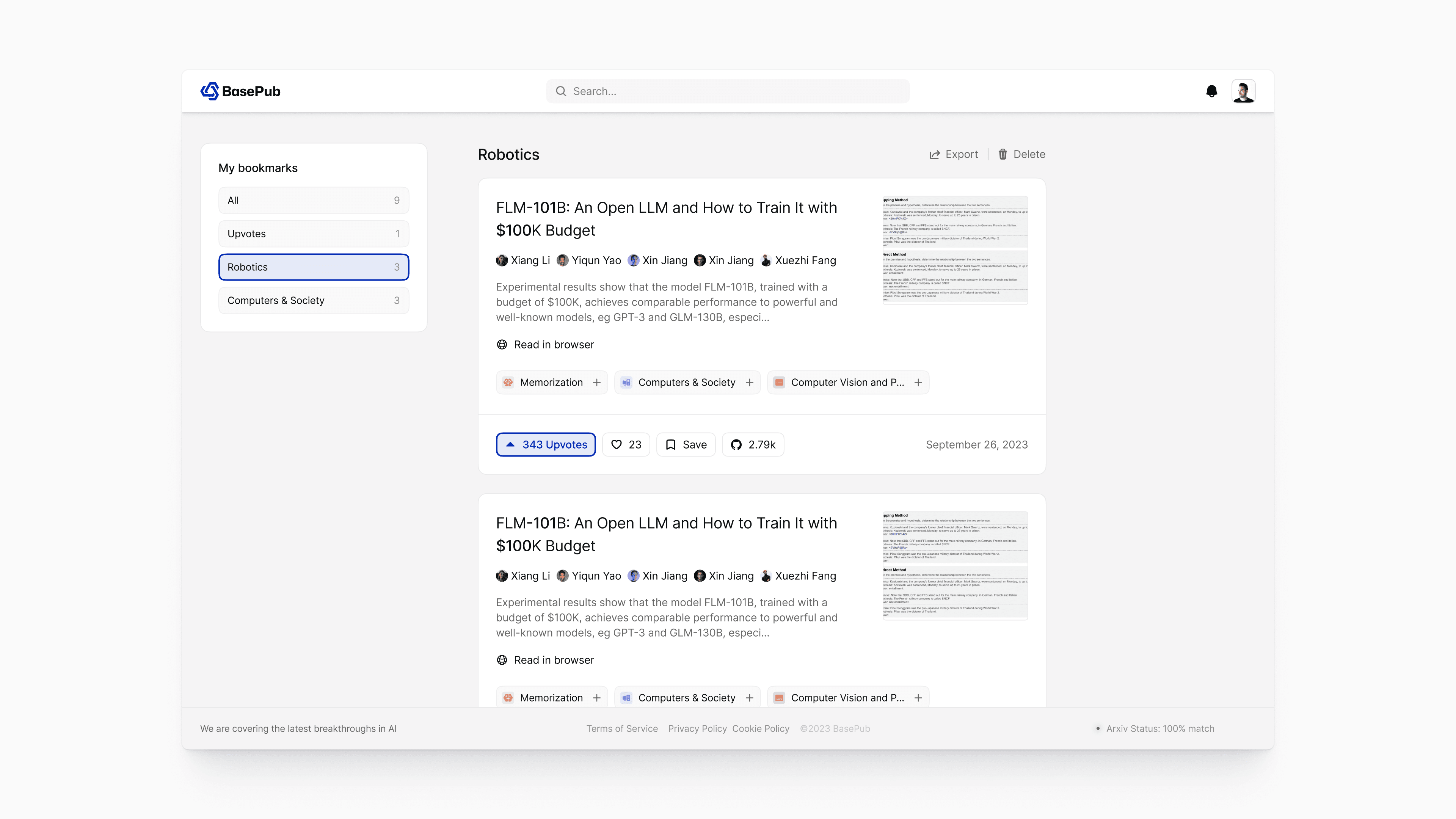 BasePub bookmarks dashboard with the “Robotics” collection selected, listing saved AI research papers and sidebar filters for All, Upvotes, Robotics, and Computers & Society to quickly organize and revisit research.