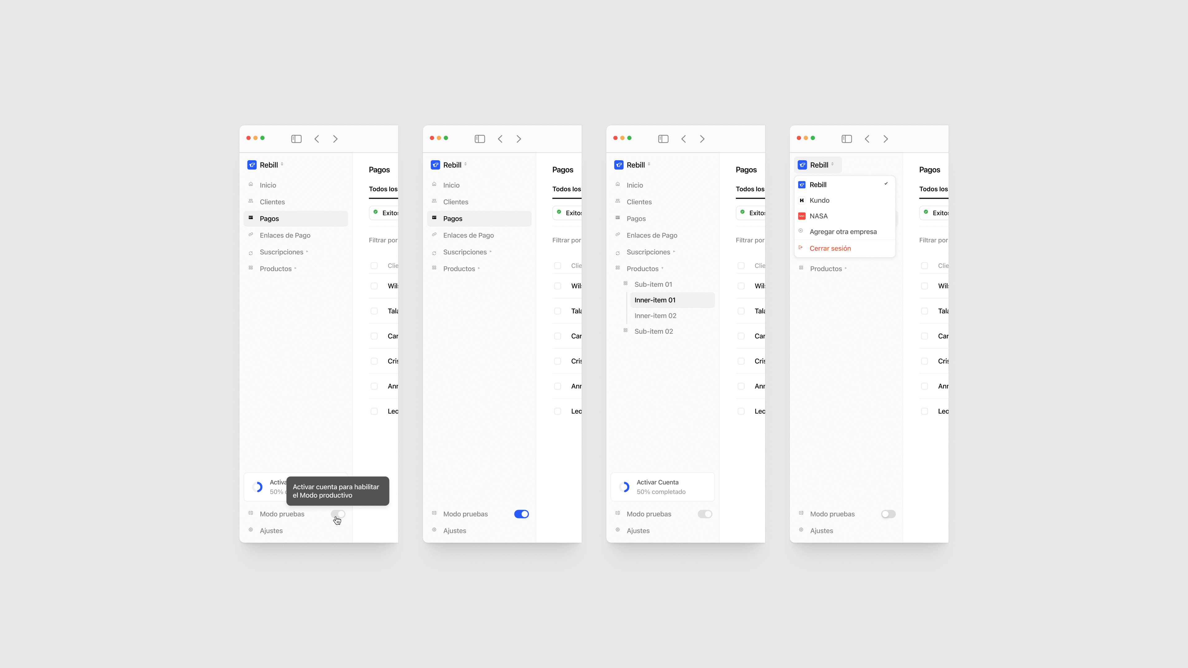 Rebill payments dashboard in light mode showing a table of successful card transactions with row actions for archiving, exporting, and deleting—part of the Stripe-grade LATAM payments UI Kundo Studio designed for clear, confident operations.