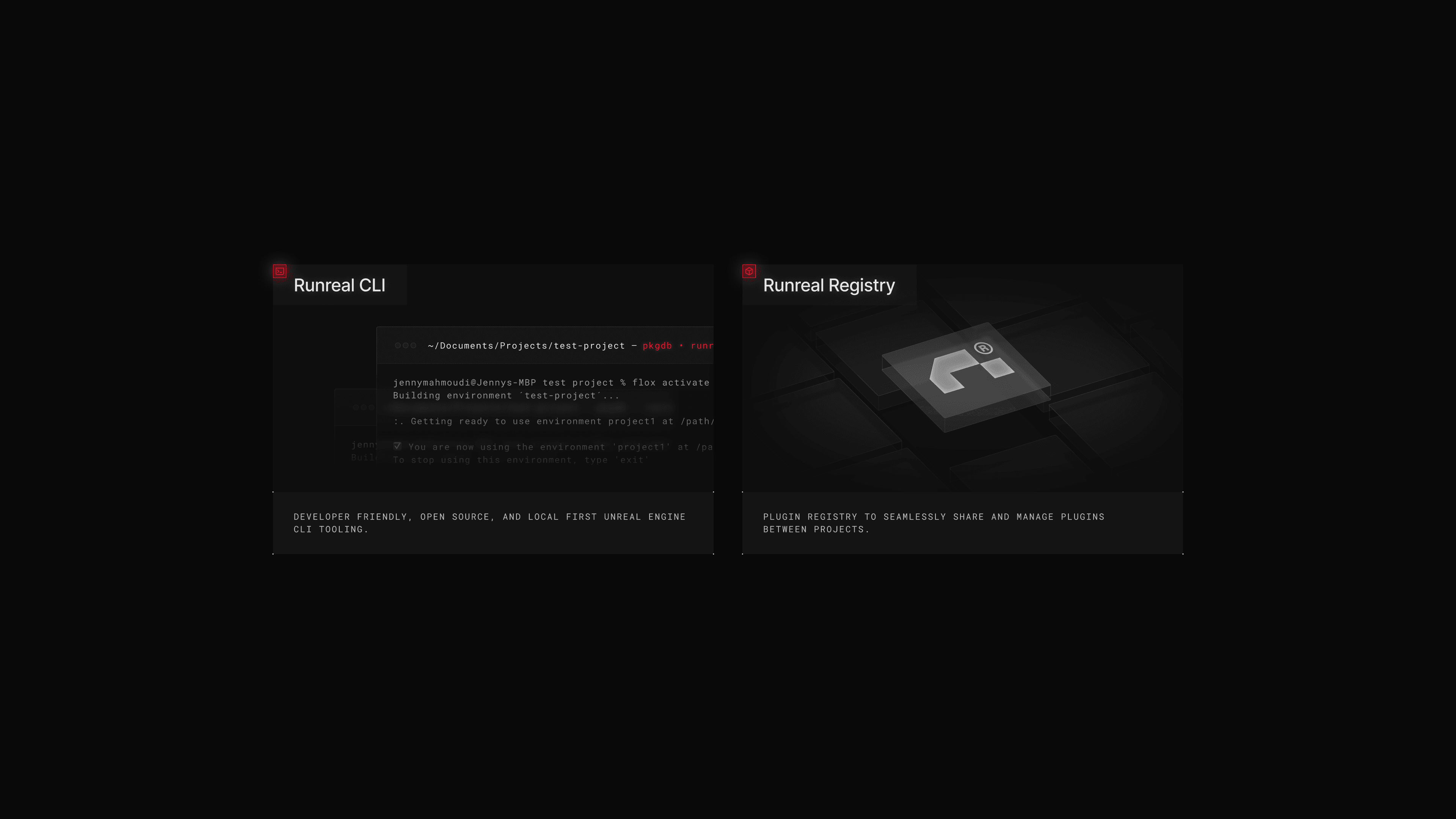 Dark UI mockup showing Runreal CLI and Runreal Registry product cards, with terminal interface and glowing Runreal logo tile—designed by Kundo Studio to showcase the developer tooling platform’s tech-forward product UI and brand identity.