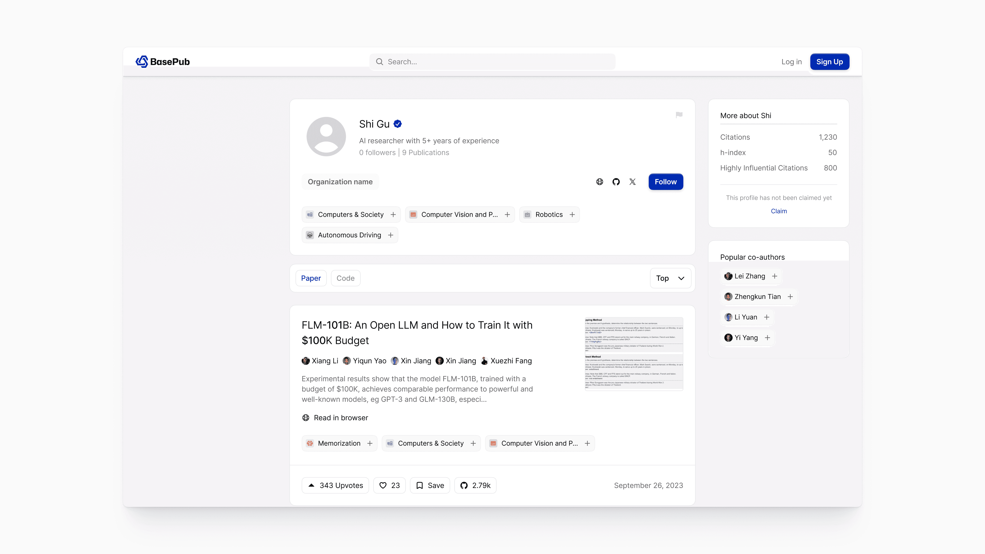 BasePub author profile UI showing AI researcher Shi Gu’s overview with expertise tags, citation metrics, co-author list, and a highlighted publication card for “FLM-101B: An Open LLM and How to Train It with $100K Budget.”