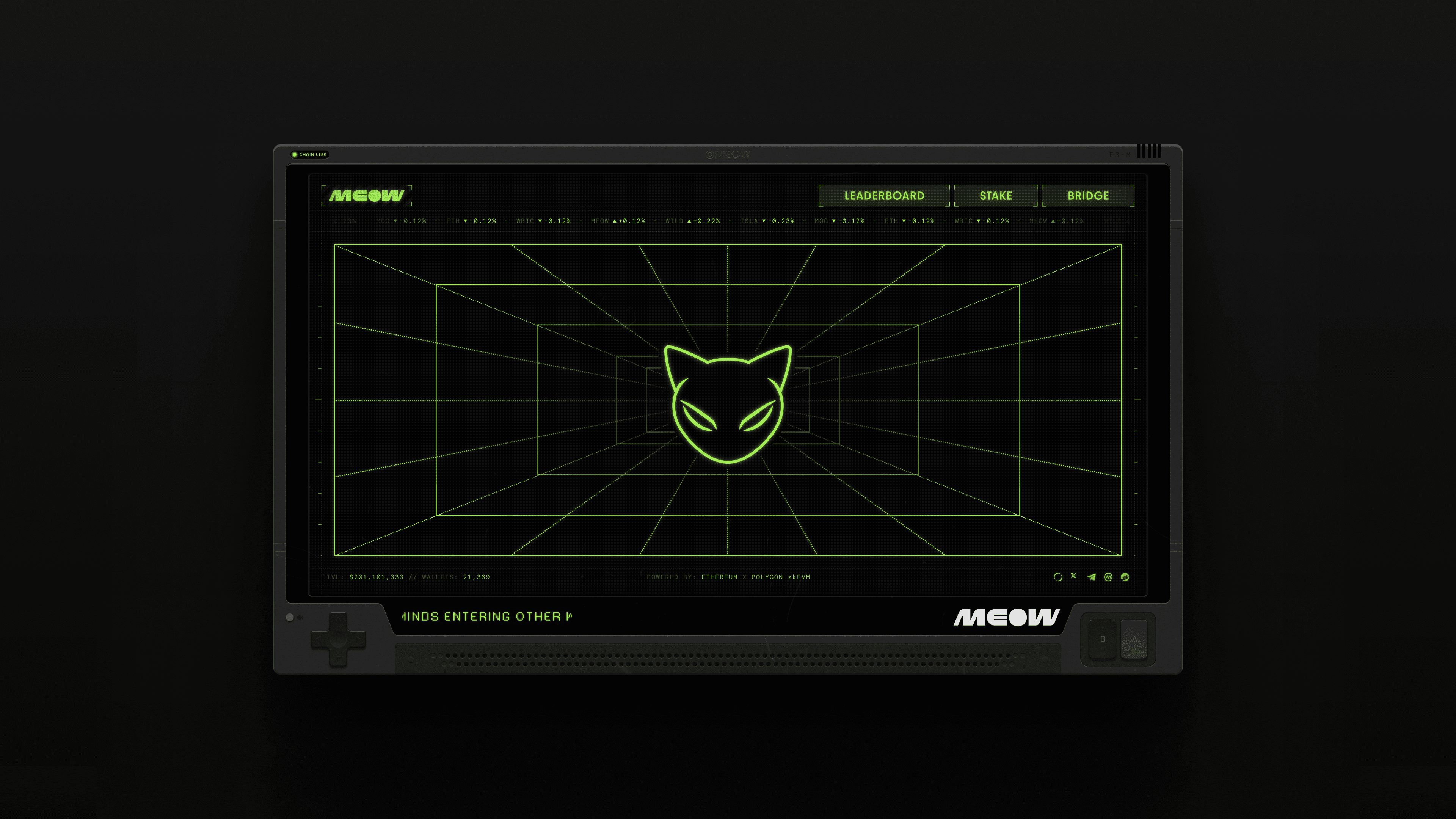 Retro console-style MEOW homepage screen with neon green cat logo in a 3D grid tunnel, designed by Kundo Studio to showcase the playful, interactive crypto brand and nostalgia-driven website experience.