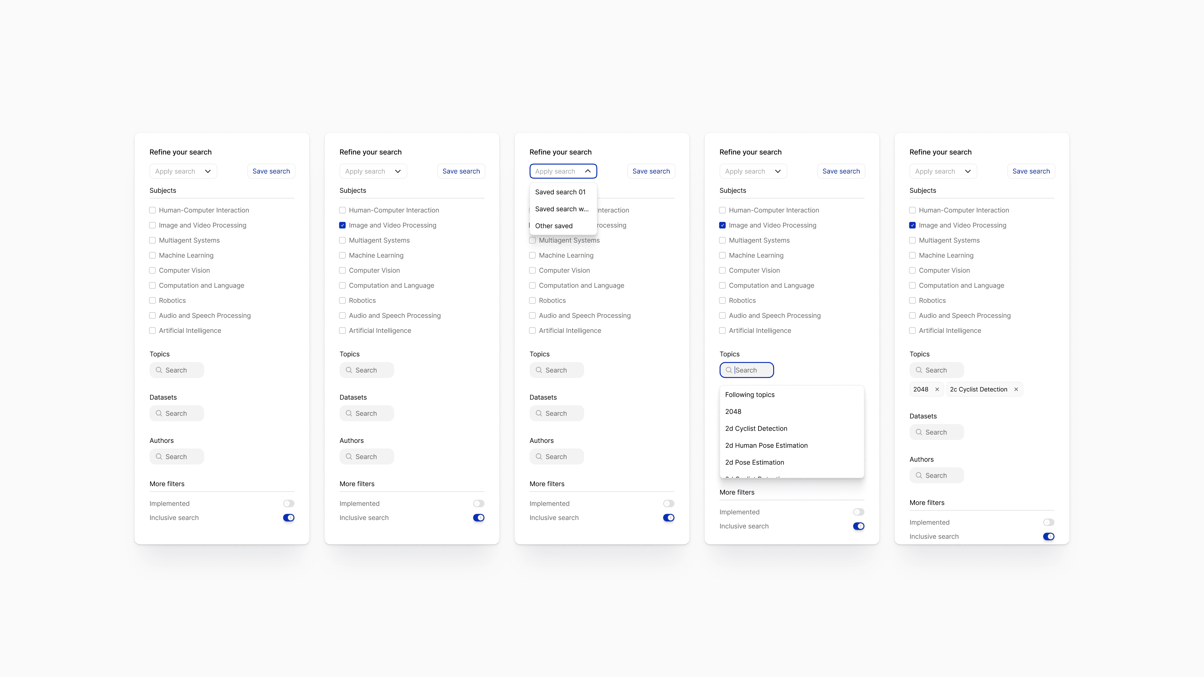 BasePub advanced search filters UI showing step-by-step states for refining AI research results by subject, topics, datasets, authors, and saved searches.