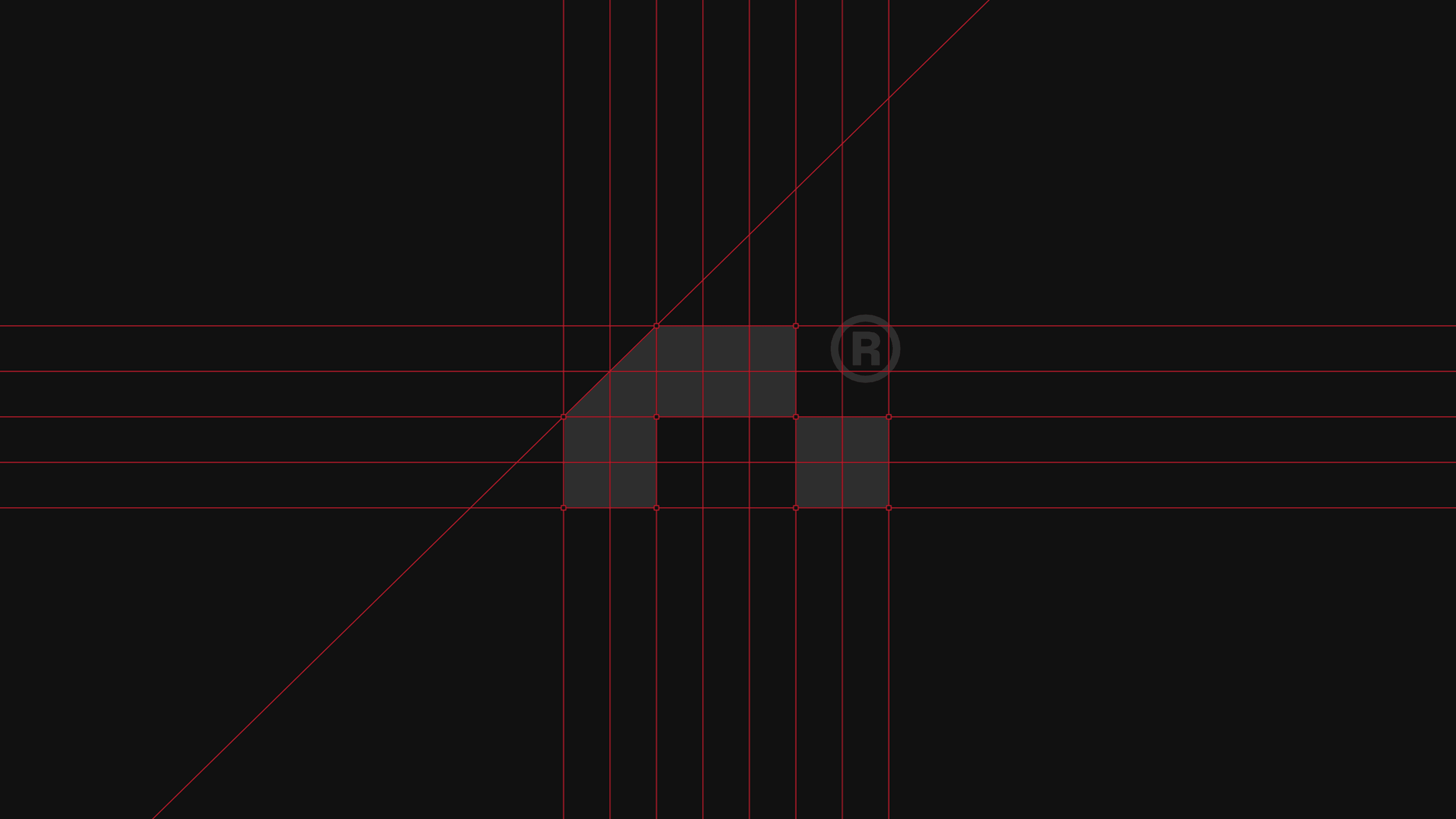 Runreal logo construction grid on a dark background with red guides and geometric mark, illustrating Kundo Studio’s precise, system-driven logo design and tech-forward brand identity for Runreal.