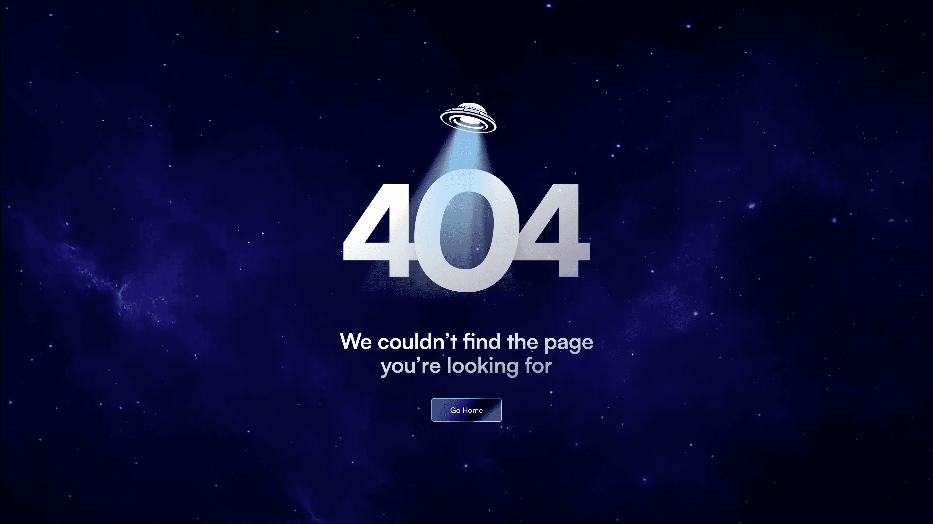 Emerge Tools 404 page with a UFO beaming light onto large “404” numbers and the message “We couldn’t find the page you’re looking for” on a starry galaxy backdrop.