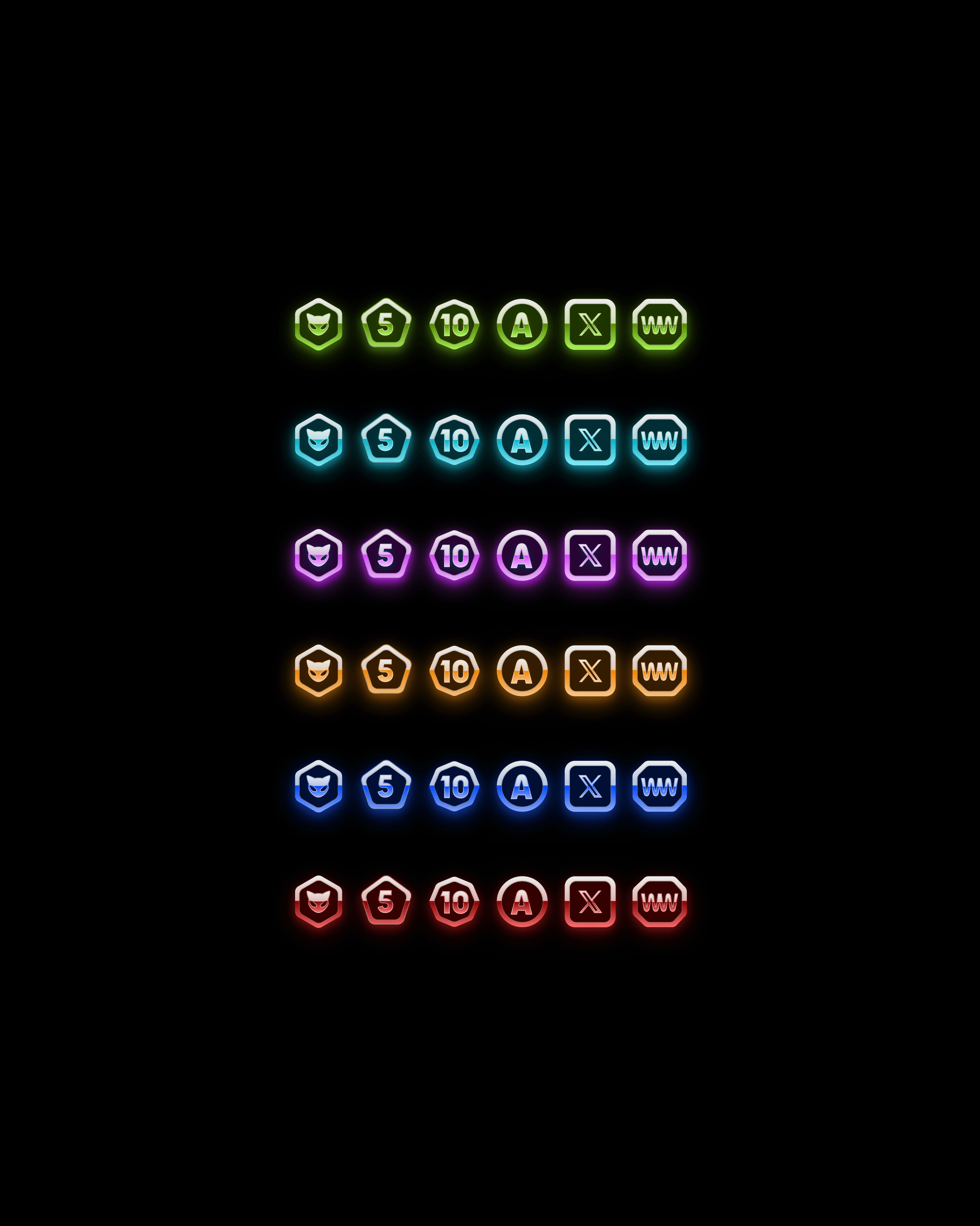 Stacked rows of neon badge-style icons in multiple colors—featuring MEOW cat, numbers, and web symbols—designed by Kundo Studio as part of the playful retro UI icon system for the MEOW crypto brand and website.