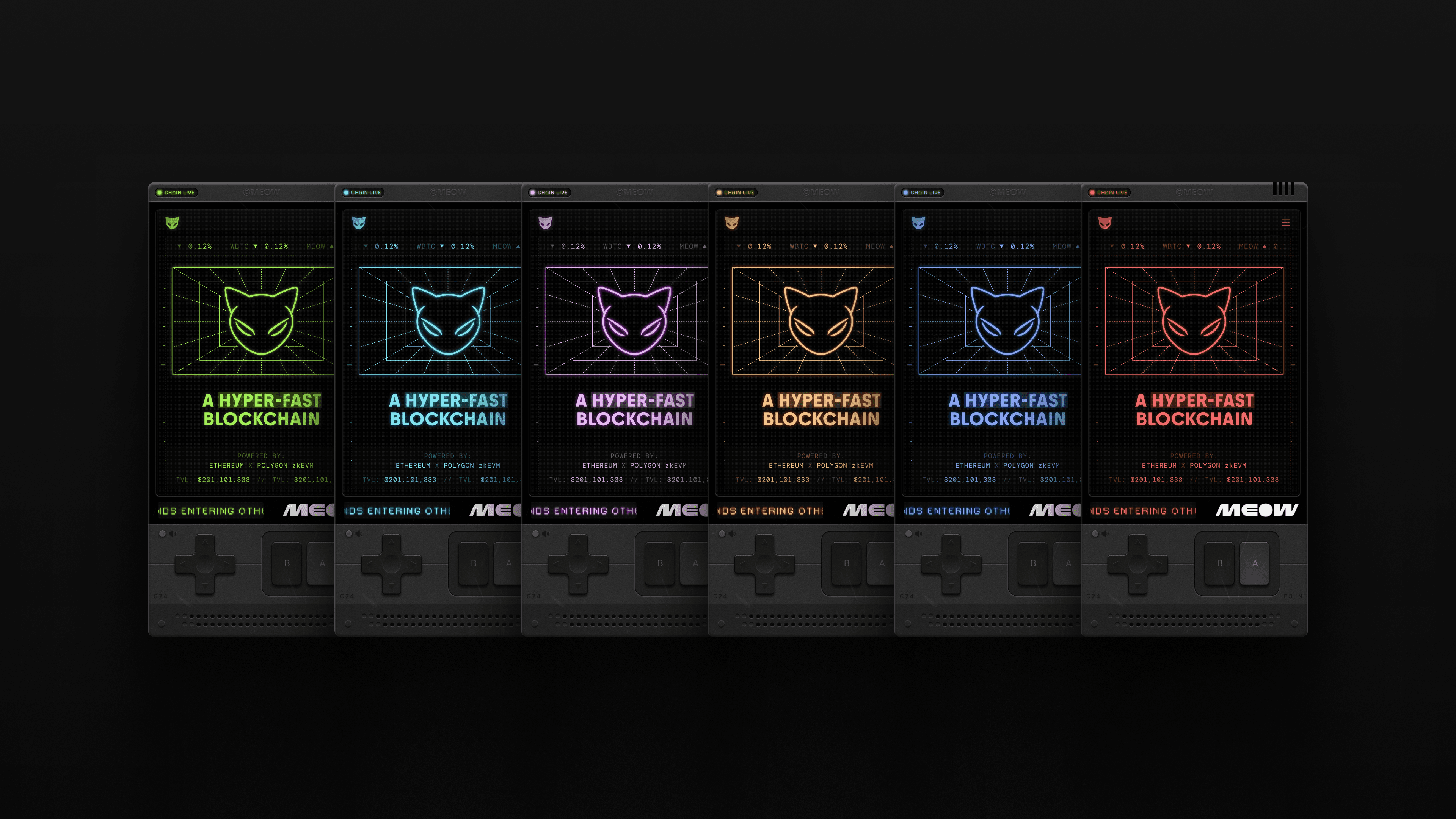 Row of six retro handheld-style MEOW screens with neon cat icons and “A Hyper-Fast Blockchain” messaging in different colors, showcasing Kundo Studio’s playful, nostalgic crypto brand identity and interactive website design for the MEOW token.