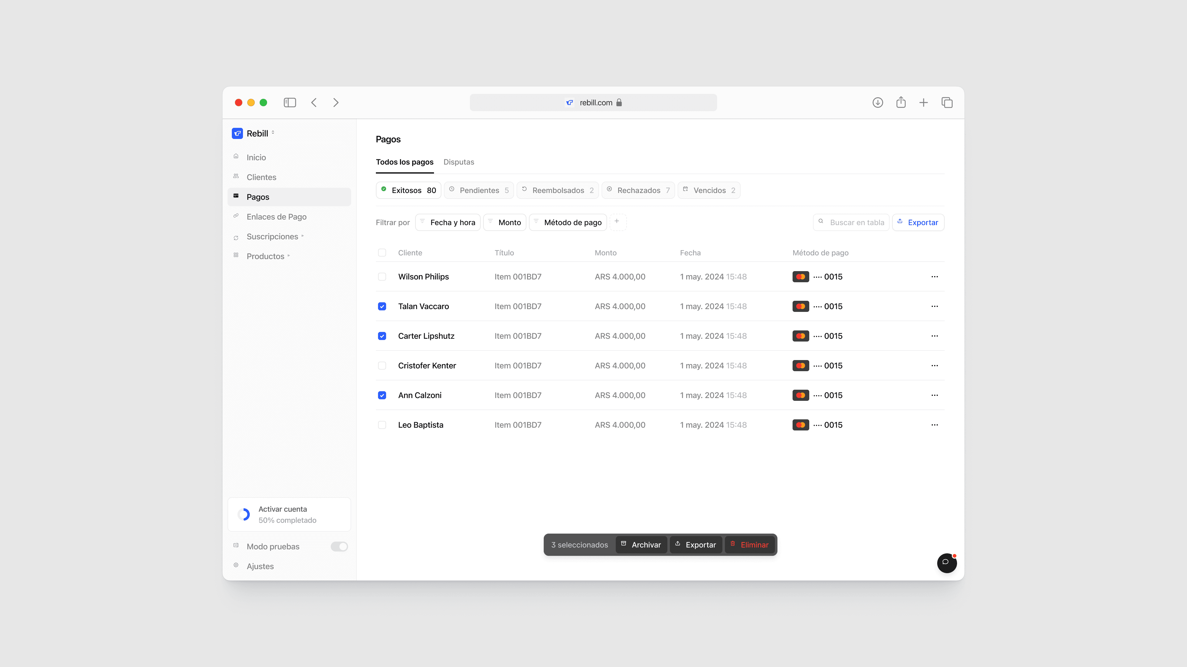Rebill payments dashboard filtered to show expired transactions, demonstrating how Kundo Studio’s Stripe-grade LATAM payments UI surfaces status, filters, and card details with clear, minimal design.