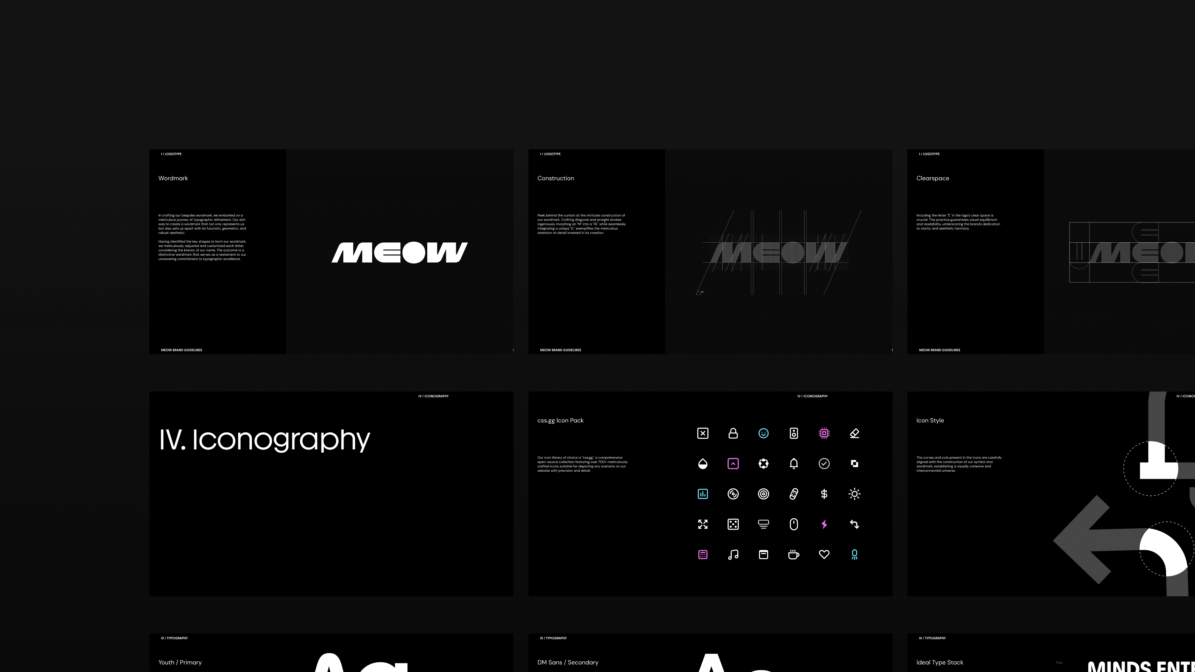 Overview of the MEOW brand guidelines showing the retro wordmark, logo construction and clearspace, iconography section, and colorful icon set—designed by Kundo Studio to define the playful visual identity for the MEOW crypto project.