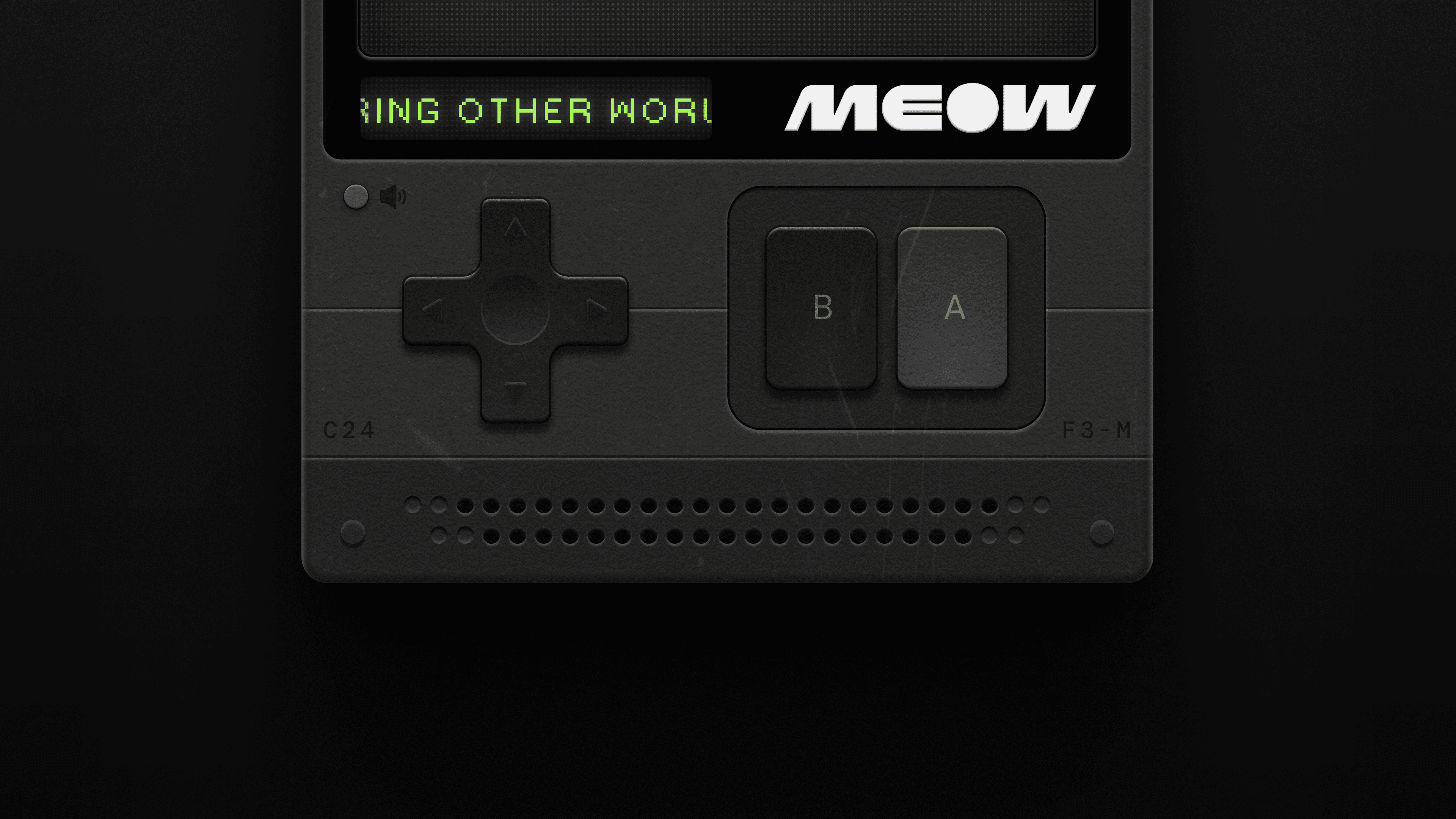 Close-up of MEOW’s retro game-console interface with B and A buttons, green pixel display, and MEOW logo, designed by Kundo Studio to express the playful, nostalgic brand identity for the MEOW crypto website.